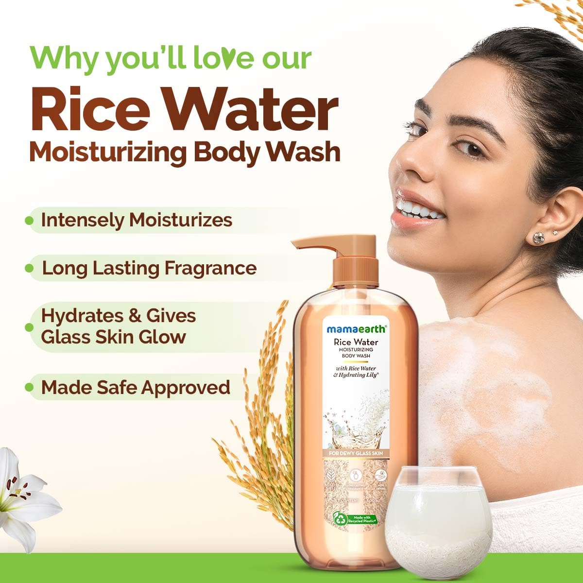 Mamaearth Rice Water Moisturizing Body Wash with Rice Water & Hydrating Lily Scent for Dewy Glass Skin - 500 ml | Intensely Moisturizes | Long Lasting Fragrance | Deeply Cleanses | Gentle | All Skin Types