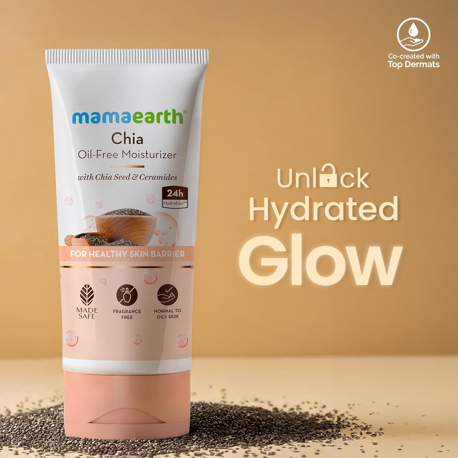 Mamaearth Chia Oil-Free Moisturizer with Chia Seed & Ceramides for Normal to Oily Skin | For Hydrated Glow | 24 Hrs Long-Lasting Hydration | Co-Created with Dermats | Healthy Skin Barrier | Oil-Free Formula | Fragrance Free | 80 g