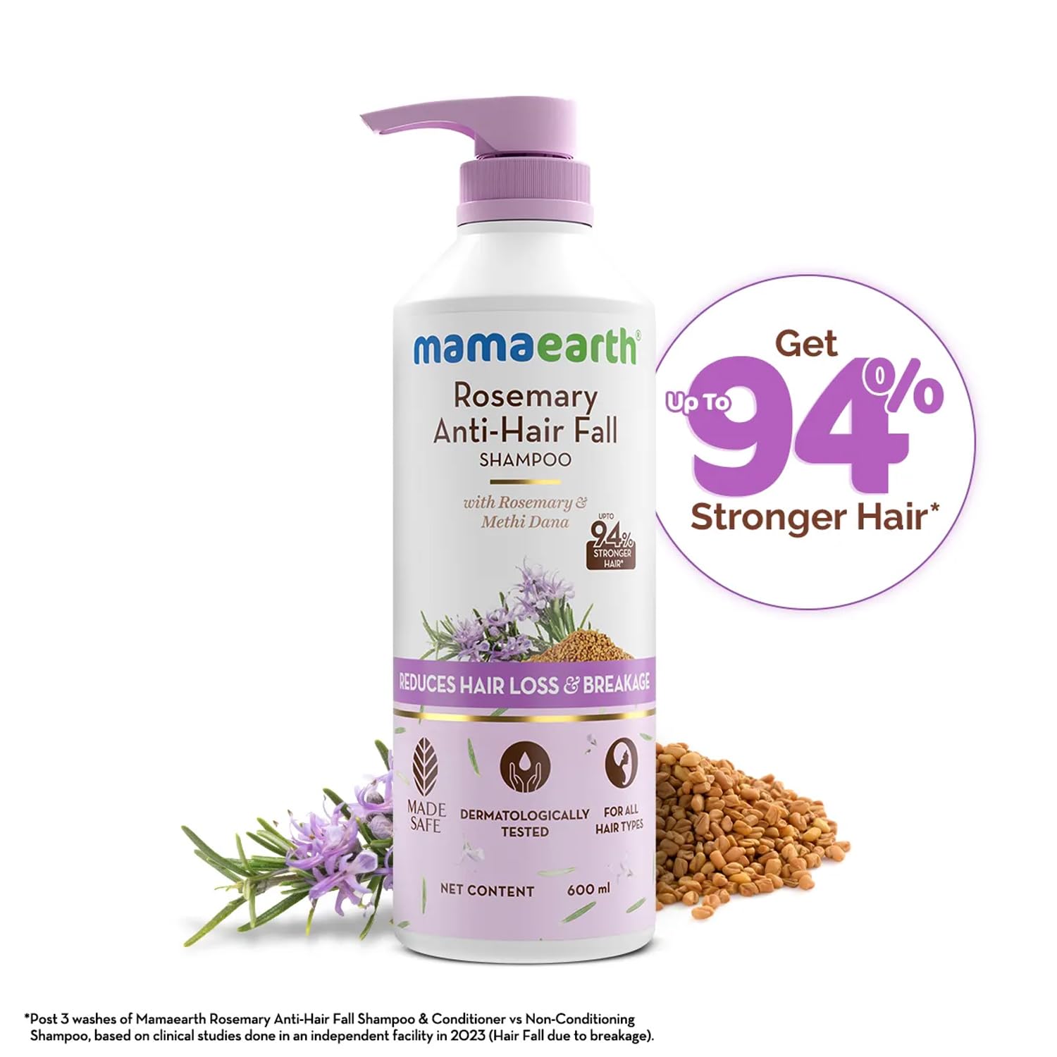 Mamaearth Rosemary Anti-Hair Fall Shampoo With Rosemary & Methi Dana For Reducing Hair Loss & Breakage,Gives Up To 94% Stronger Hair,Up To 93% Less Hair Fall |Sulphate Free Shampoo |For Unisex,600 Ml